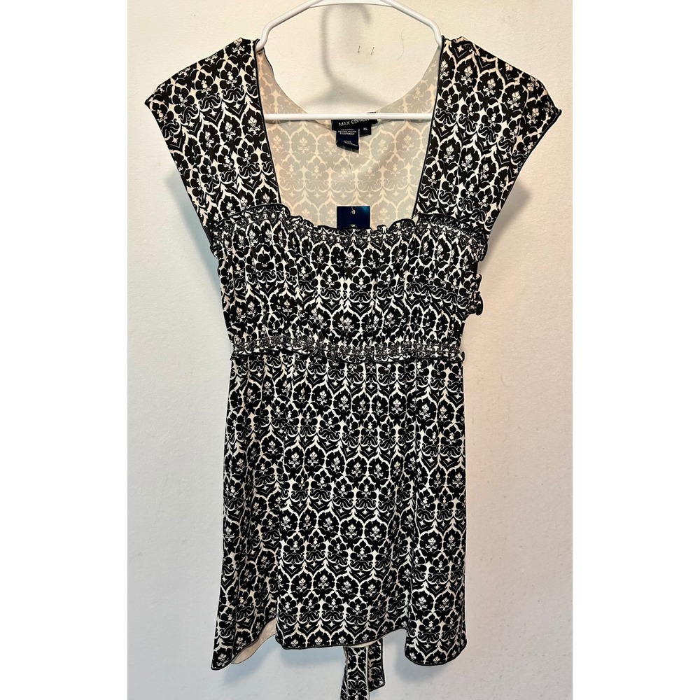 Max Edition Womens XL Damask Print Empire Waist Blouse Black White 9705W76 NWT